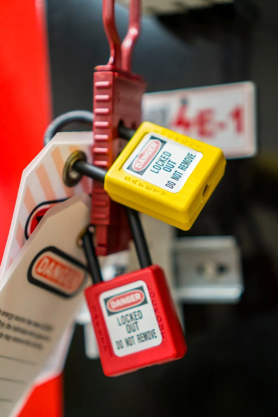Danger tags and lockout devices on a switchboard