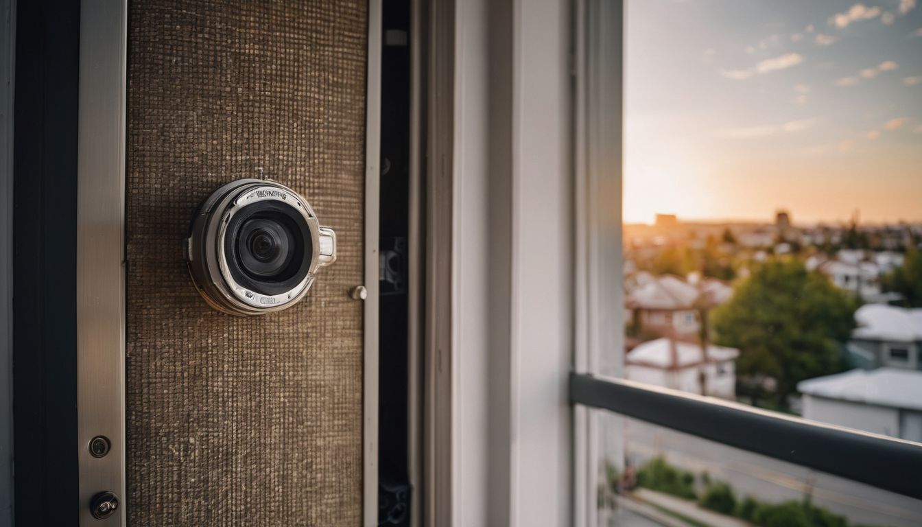 A secure door and camera overlook a suburban neighborhood. A secure door and camera overlook a suburban neighborhood.