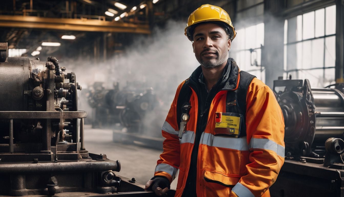 An industrial worker stands near locked machinery in a bustling atmosphere. An industrial worker stands near locked machinery in a bustling atmosphere.