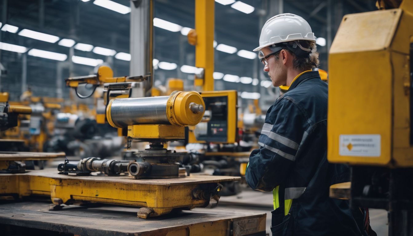 A worker operating machinery in a factory wearing safety gear surrounded by caution signs. A worker operating machinery in a factory wearing safety gear surrounded by caution signs.