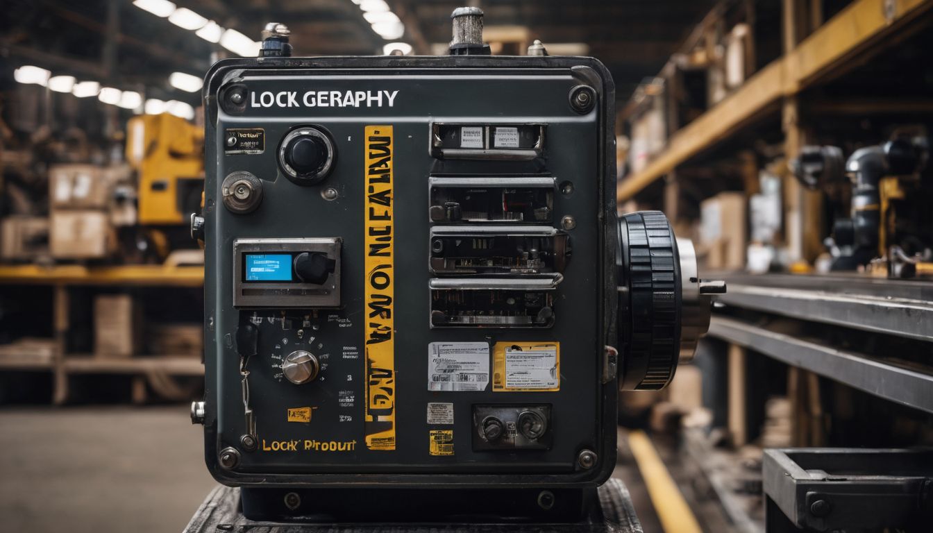 An industrial machine surrounded by safety equipment and warning signs, captured in a well-lit and bustling atmosphere. An industrial machine surrounded by safety equipment and warning signs, captured in a well-lit and bustling atmosphere.