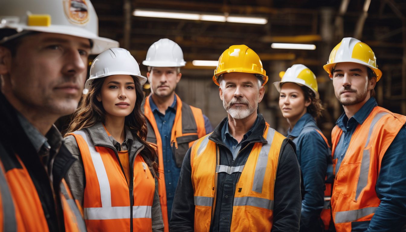 A diverse group of workers wearing safety gear posing in front of a large lockout safety poster.