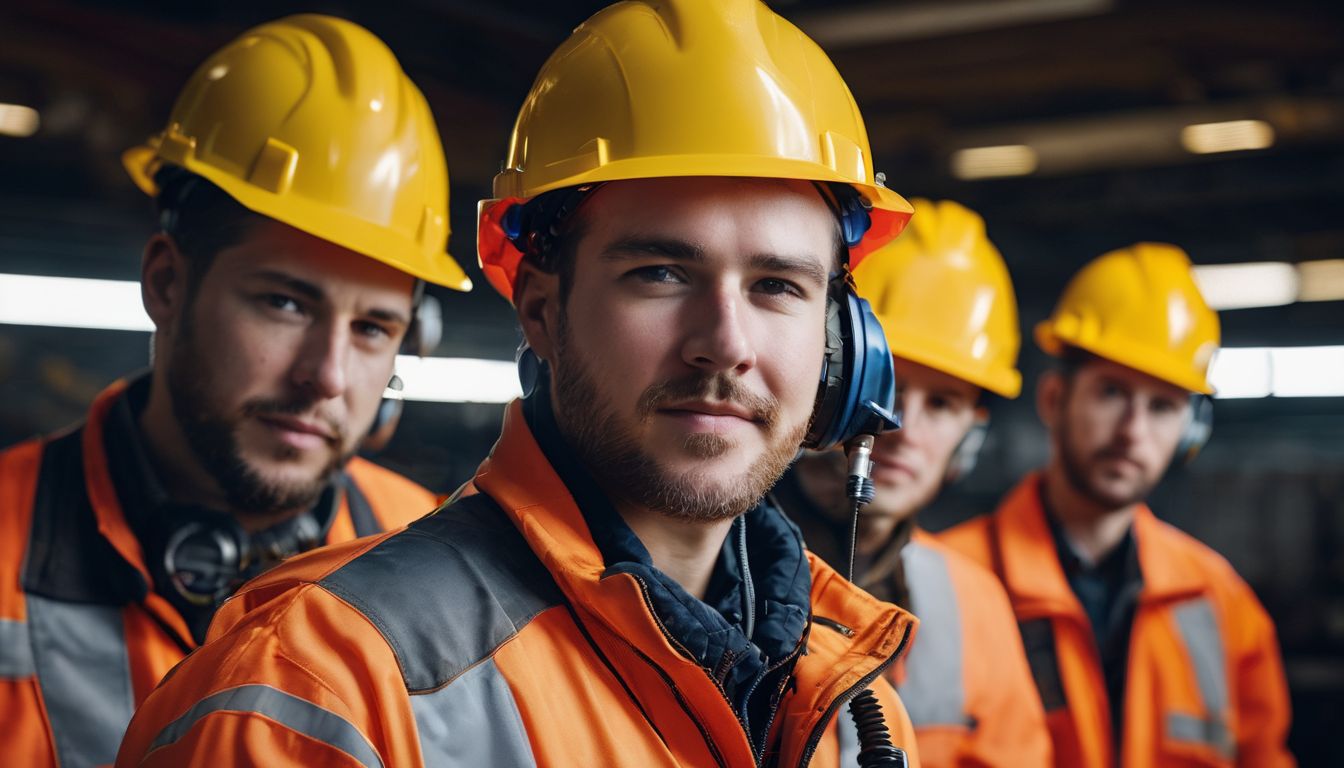 A diverse group of workers wearing safety gear stands in front of lockout safety locks in a well-lit studio. A diverse group of workers wearing safety gear stands in front of lockout safety locks in a well-lit studio.